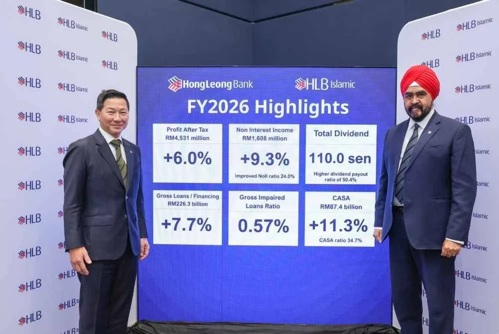 Kevin (kiri) ketika pembentangan Laporan FY2026 Hong Leong Bank pada Khamis.