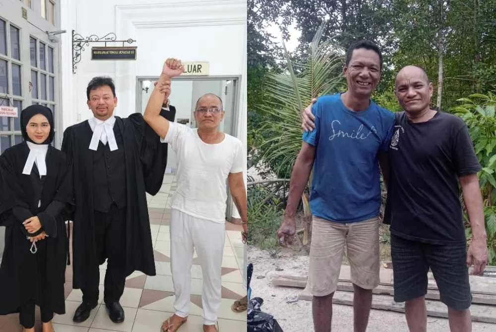 Jambi (kanan) dan Kamal di luar Mahkamah Tinggi Johor Bahru pada Jumaat dan beliau kelihatan ceria ketika berada di kampung halamannya sejurus dibebas dari penjara.