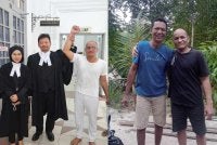 Jambi (kanan) dan Kamal di luar Mahkamah Tinggi Johor Bahru pada Jumaat dan beliau kelihatan ceria ketika berada di kampung halamannya sejurus dibebas dari penjara.