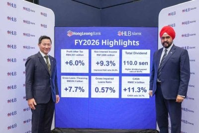 Kevin (kiri) ketika pembentangan Laporan FY2026 Hong Leong Bank pada Khamis.