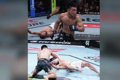 Umar rebah setelah terkena tumbukan tepat Yadong sehingga memaksa pengadil menghentikan pertarungan pada minit 1:48s pusingan kedua. Foto: Agensi.