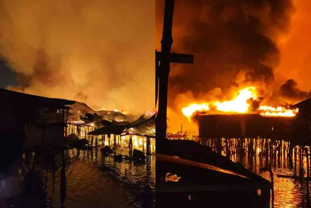 Keadaan rumah yang terbakar di kawasan Kampung Numbak, Kota Kinabalu. Foto Bomba