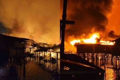Keadaan rumah yang terbakar di kawasan Kampung Numbak, Kota Kinabalu. Foto Bomba