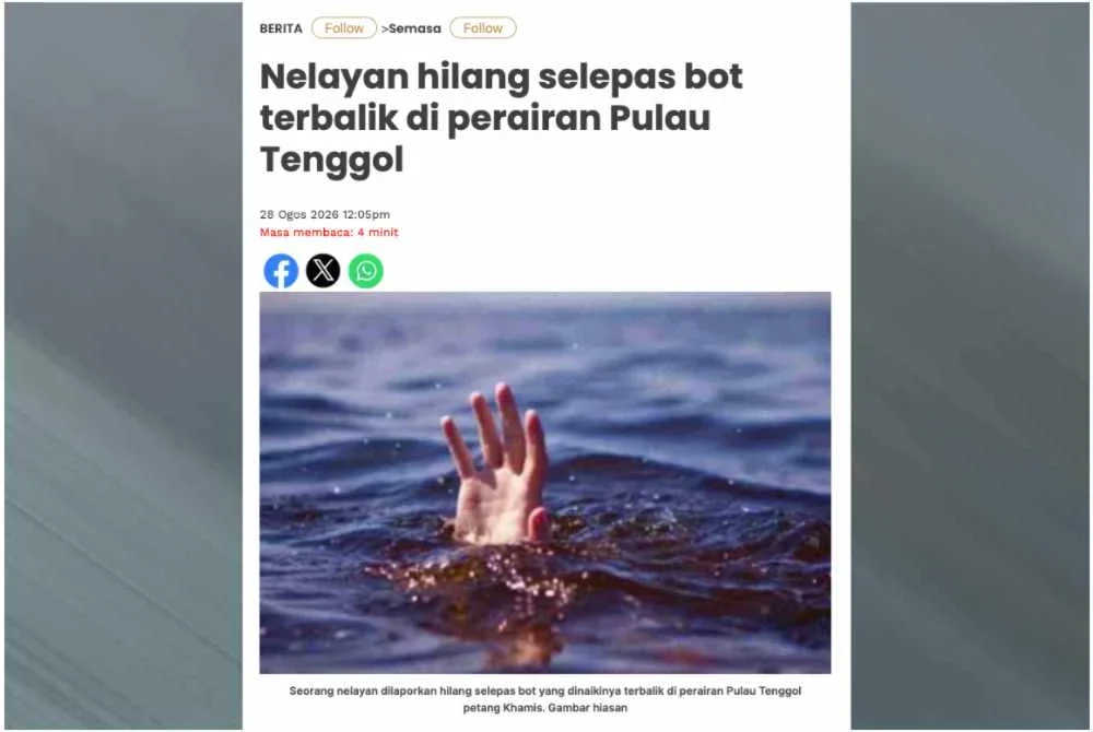 Laporan Sinar Harian pada Jumaat berhubung seorang nelayan yang dikhuatiri hilang selepas bot dinaikinya terbalik di perairan Pulau Tenggol pada Khamis.