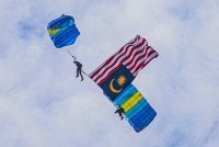 Anggota PASKAU melakukan terjunan dengan membawa Jalur Gemilang sempena Sambutan Hari Kebangsaan Peringkat Negeri Pahang di Padang MPK 1 pada Isnin. Foto Bernama