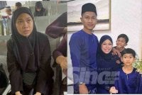 Nurul Jannah bersama gambar kenangan dengan suaminya, Mohammad Nizam Zainal, 33, dan anak sulung mereka, Muhammad Zamri Mikhail, 8, yang maut akibat lemas di Pantai Kampung Punggai, Pengerang, pada Ahad.