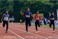 Danish Iftikhar (dua dari kiri) mencatat masa 10.36s untuk mengungguli acara riben biru SUKIPT di Kuala Lumpur. Foto : Bernama.
