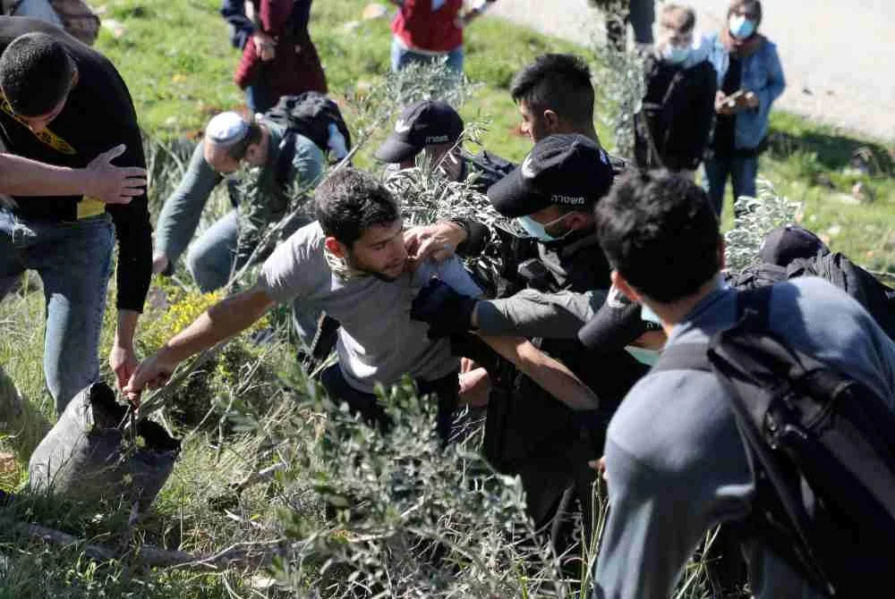 Petani dan penduduk dihalang oleh pasukan keselamatan Israel ketika mahu menanam pokok zaitun di kampung Burin, selatan Nablus. FOTO: AFP