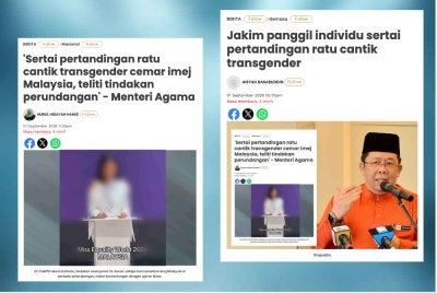 Laporan Sinar Harian 1 September berhubung seorang individu yang menyertai pertandingan ratu cantik transgender di Thailand. 