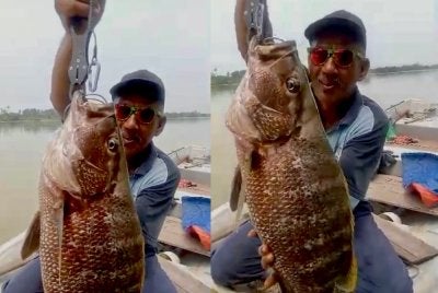 Khoirul menunjukkan ikan Kanai yang berjaya ditangkap pada 30 Ogos lalu.