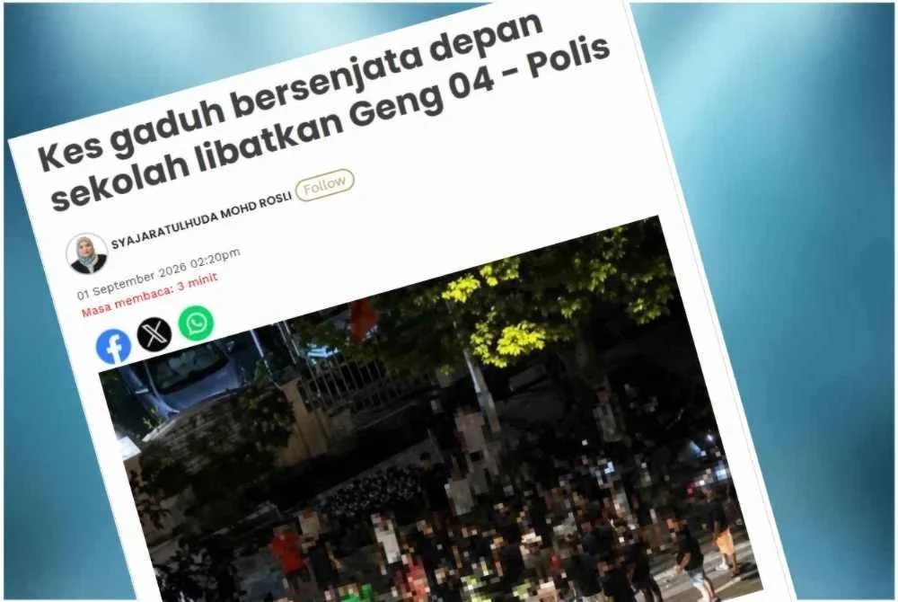 Laporan Sinar Harian mengenai kes pergaduhan depan sekolah.