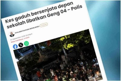 Laporan Sinar Harian mengenai kes pergaduhan depan sekolah. 