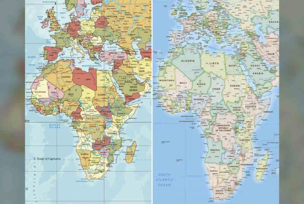 Peta dunia baharu (kanan) yang menjadikan benua Afrika kelihatan lebih besar manakala Amerika Utara dan Eropah kelihatan lebih kecil. Foto Agensi