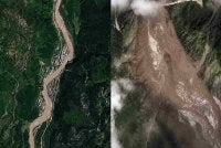 Imej menunjukkan keadaan sungai sebelum dan selepas bencana dahsyat tersebut. Foto Agensi