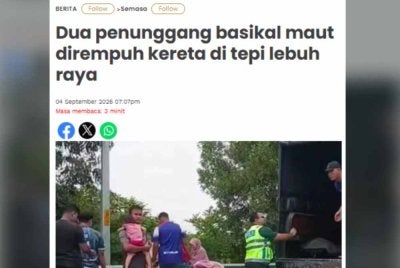 Dua penunggang basikal maut selepas dirempuh sebuah kereta yang dipandu seorang lelaki dari arah belakang di Lebuhraya Rakyat pada Sabtu.