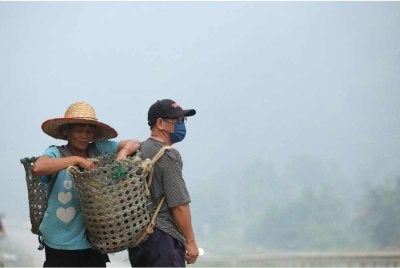 Dua penduduk Kampung Rasau, Serian, Rikat Tanggok (kanan) dan isterinya, Jumi Buu (kiri), sibuk menjual durian di tepi Jalan Serian-Sri Aman dalam suasana jerebu pada Jumaat. Foto Bernama
