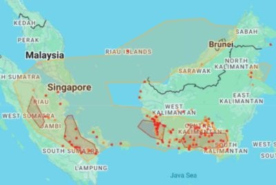 Titik panas dikesan secara bertaburan hingga meluas di Kalimantan dan Sumatera, manakala hanya beberapa titik panas dikesan di kawasan lain di selatan rantau ASEAN. Foto ASMC