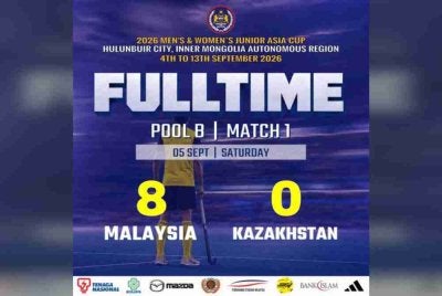 Skuad hoki remaja lelaki kebangsaan memulakan kempen Piala Remaja Asia 2026 di Moqi, China hari ini dengan penuh bergaya selepas membelasah Kazakhstan, 8-0. Foto Facebook Malaysian Hockey Confederation