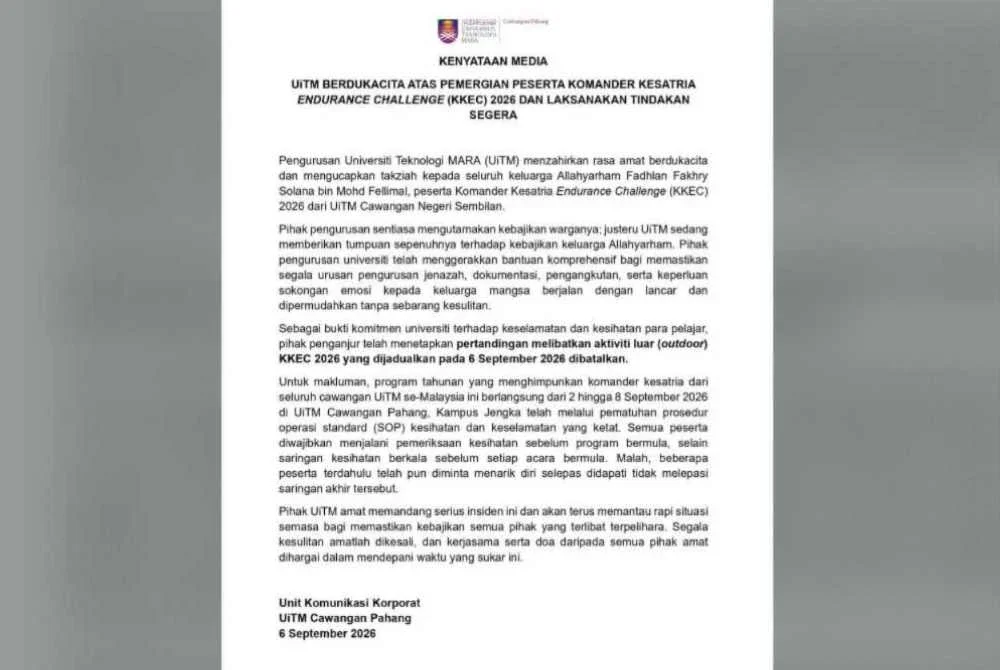 Kenyataan media dikeluarkan UiTM pada Ahad.