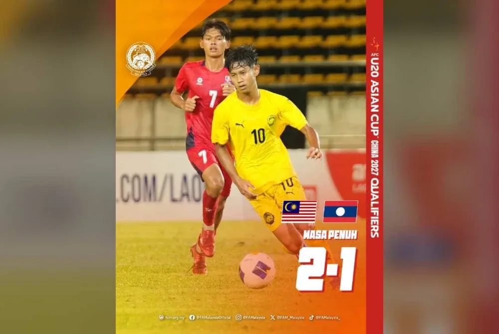 Harimau Malaya B-19 menempah tiket ke pusingan akhir Piala Asia B-20 2027 selepas menewaskan Laos 2-1. Foto Facebook Football Association of Malaysia
