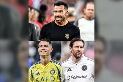 Tevez (atas) memasang impian untuk menyatukan Ronaldo (bawah, kiri) dan Messi dalam satu pasukan menerusi perlawanan persahabatan Disember depan. Foto Agensi
