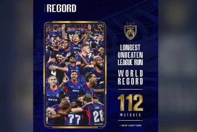 Rekod JDT tanpa kalah dalam 112 aksi domestik mungkin sukar dicabar oleh mana-mana pasukan di dunia. Foto: FB Johor Southern Tigers