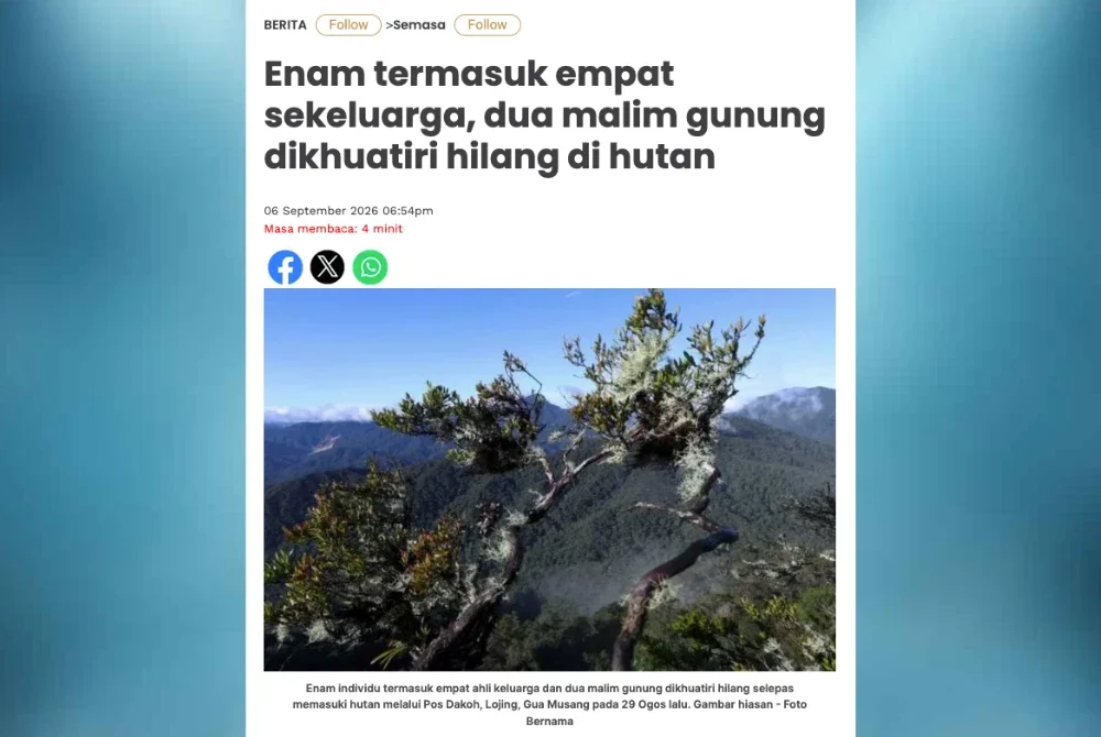 Laporan Sinar Harian pada Ahad berhubung enam individu yang dikhuatiri hilang selepas memasuki kawasan hutan melalui Pos Dakoh, Lojing, Gua Musang pada 29 Ogos lepas.