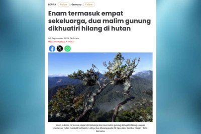 Laporan Sinar Harian pada Ahad berhubung enam individu yang dikhuatiri hilang selepas memasuki kawasan hutan melalui Pos Dakoh, Lojing, Gua Musang pada 29 Ogos lepas.