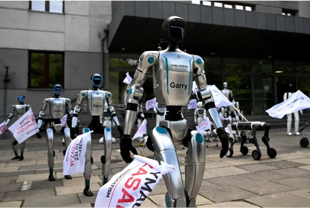 Sekumpulan Robot humanoid menyertai demonstrasi bagi menggesa peraturan lebih ketat terhadap pembangunan AI di Warsaw. Foto AFP