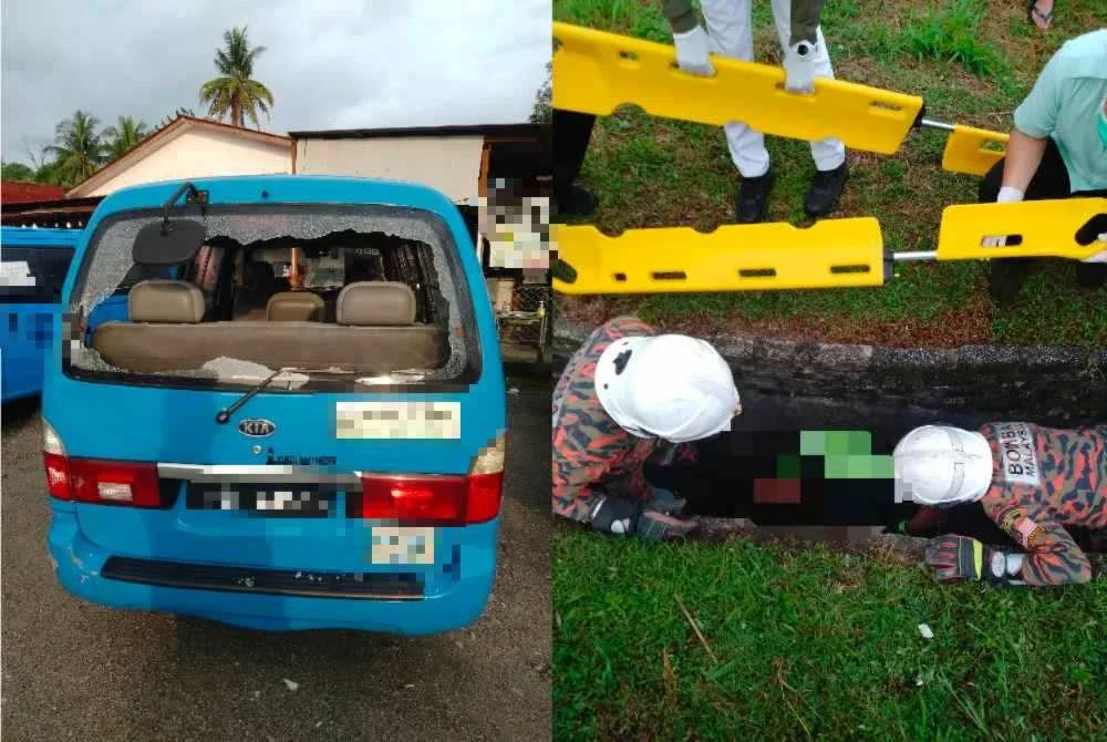 Kejadian pertama melibatkan sebuah van kilang dengan sebuah motosikal di Balik Pulau yang menyebabkan penunggang tercampak ke dalam longkang sedalam satu meter. - Foto: JBPM