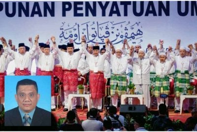 Presiden UMNO, Datuk Seri Ahmad Zahid Hamidi (tengah) diiringi Presiden Pas, Datuk Seri Abdul Hadi Awang bergambar bersama barisan kepimpinan UMNO dan Pas pada Himpunan Penyatuan Ummah di Pusat Dagangan Dunia (WTC), Kuala Lumpur pada 2019. Gambar kecil: Dr. Iskandar Hasan Tan Abdullah