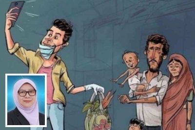 Apabila kamera diletakkan di antara tangan yang memberi dan tangan yang menerima, sifat ikhlas itu sudah bertukar menjadi sebuah pementasan drama untuk tontonan umum. Gambar kecil: Ros Aiza 