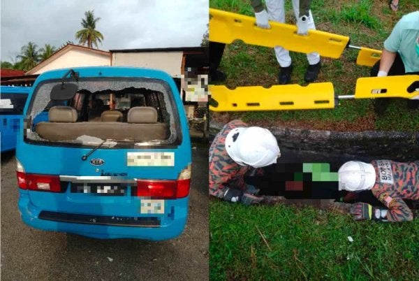 Kejadian pertama melibatkan sebuah van kilang dengan sebuah motosikal di Balik Pulau yang menyebabkan penunggang tercampak ke dalam longkang sedalam satu meter. - Foto: JBPM