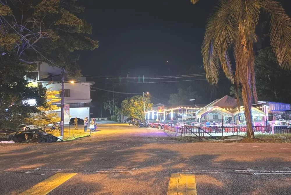Keadaan di lokasi kejadian kereta terbabas melanggar pokok mengorbankan nyawa pemandu dan seorang penumpang di Kilometer 134 Jalan Kuantan-Johor Bahru pada Selasa. Foto Polis Rompin