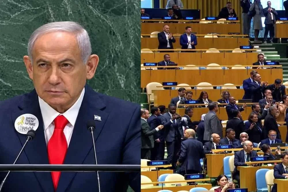 Wakil dunia berpusu-pusu keluar dari dewan sebaik sahaja Netanyahu berdiri di podium untuk berucap pada tahun lalu. - Foto Agensi