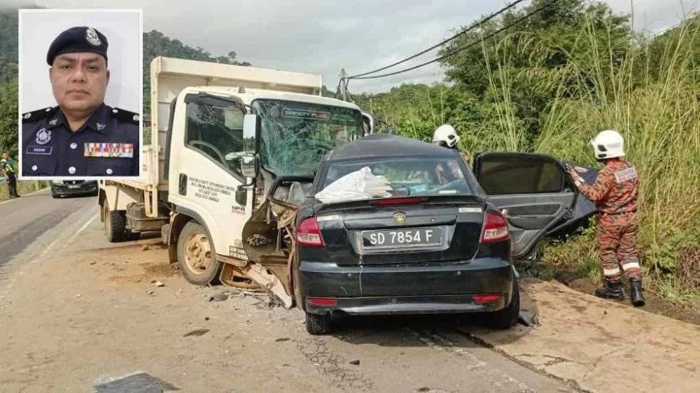 Keadaan kedua-dua kenderaan selepas bertembung Kampung Gambaron, Telupid. Gambar kecil: Hasan