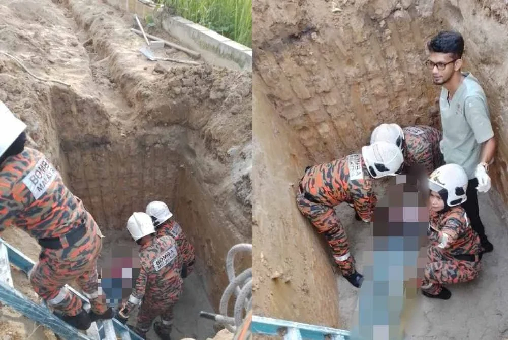 Anggota bomba turun ke lubang tangki untuk membawa mangsa naik - Foto: JBPM