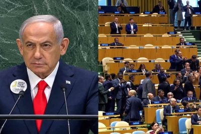 Wakil dunia berpusu-pusu keluar dari dewan sebaik sahaja Netanyahu berdiri di podium untuk berucap pada tahun lalu. - Foto Agensi