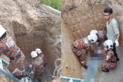 Anggota bomba turun ke lubang tangki untuk membawa mangsa naik - Foto: JBPM