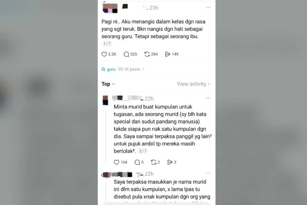 Guru tersebut berkongsi rasa pilu di media sosial.