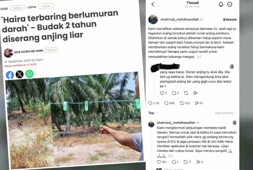 Tangkap layar yang menunjukkan Shahrizal menafikan tuduhan keluarganya merupakan pemilik anjing mencederakan Nur Haira Wafiqah, Sabtu lalu.