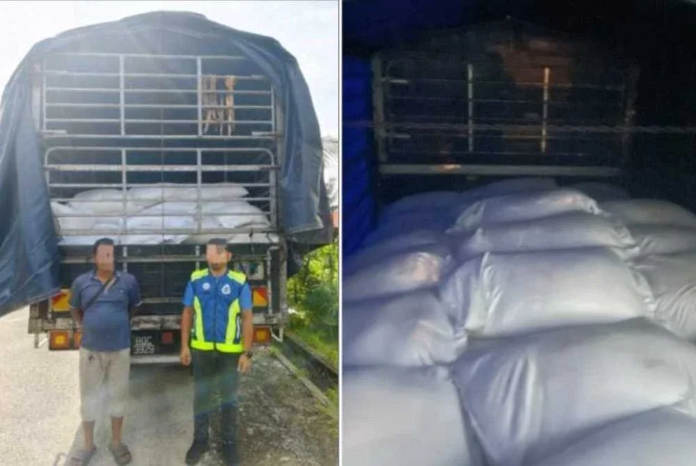 Pemandu lori ditahan pasukan Task Force Komander, Briged Tenggara ketika dalam perjalanan ke Sungai Buloh, Selangor pada Khamis. Foto PGA