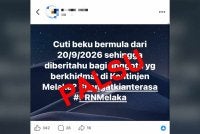 Polis Melaka menafikan sekeras-kerasnya kesahihan satu hantaran tular di laman sosial Facebook yang mendakwa cuti anggotanya dibekukan. 