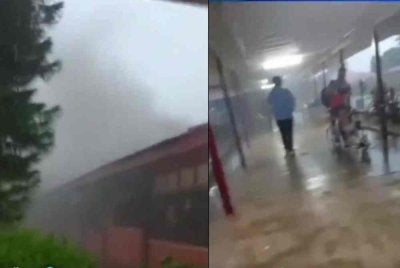 Sebahagian siling Wad Kanak-Kanak dan Wad Wanita Hospital Jengka terbakar dalam kejadian petang tadi. - Foto: Media sosial