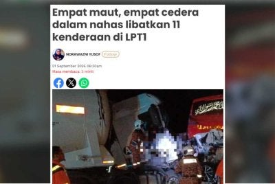 Laporan Sinar Harian mengenai empat individu maut selepas lori tangki muatan simen dipercayai hilang kawalan sebelum melanggar beberapa kenderaan lain.