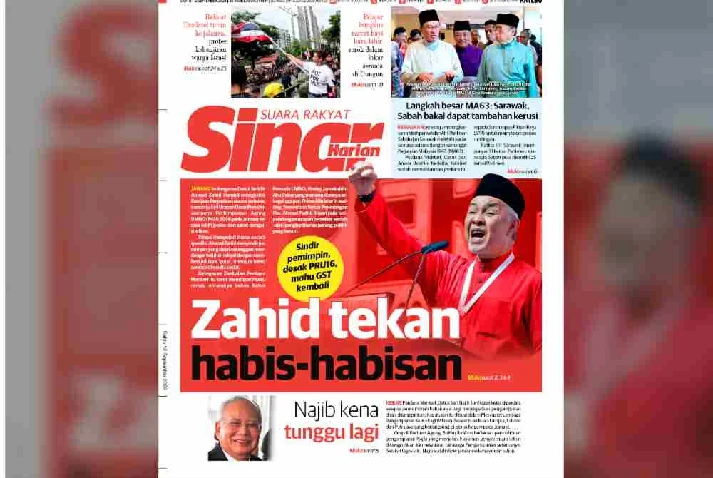 Laporan muka depan Sinar Harian pada Sabtu