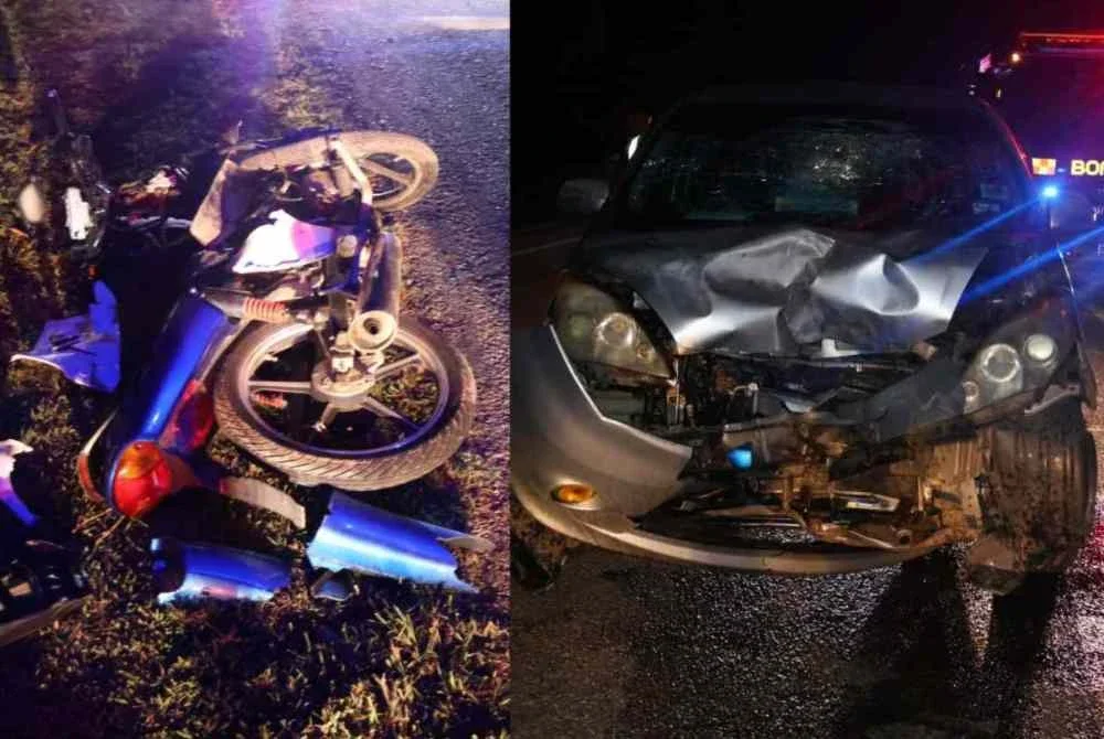Keadaan motosikal dan MPV yang terlibat dalam kemalangan di Kilometer 138 Jalan Kuala Lumpur - Kuantan pada Jumaat. Foto polis Temerloh