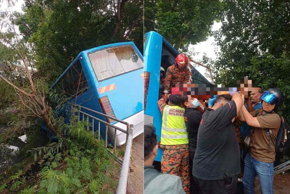 Pemandu bas yang tersepit berjaya dibawa keluar dan dibawa ke Hospital Pulau Pinang untuk rawatan lanjut. Foto JBPM