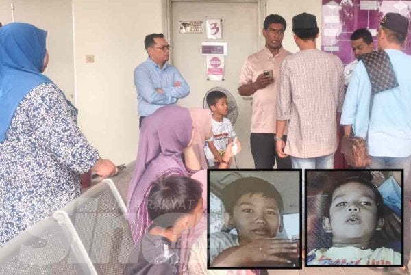 Mohd Ashrafudin (tiga kanan) bersama keluarganya menunggu di Jabatan Perubatan Forensik Hospital Sultanah Bahiyah pada Selasa. Gambar kecil: Muhammad Arif Naufan (kanan) dan Muhamad Aeril Aziz