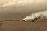 Kenderaan tentera yang terbakar selepas diserang Huthi di al-Jawf, Yemen. - AFP